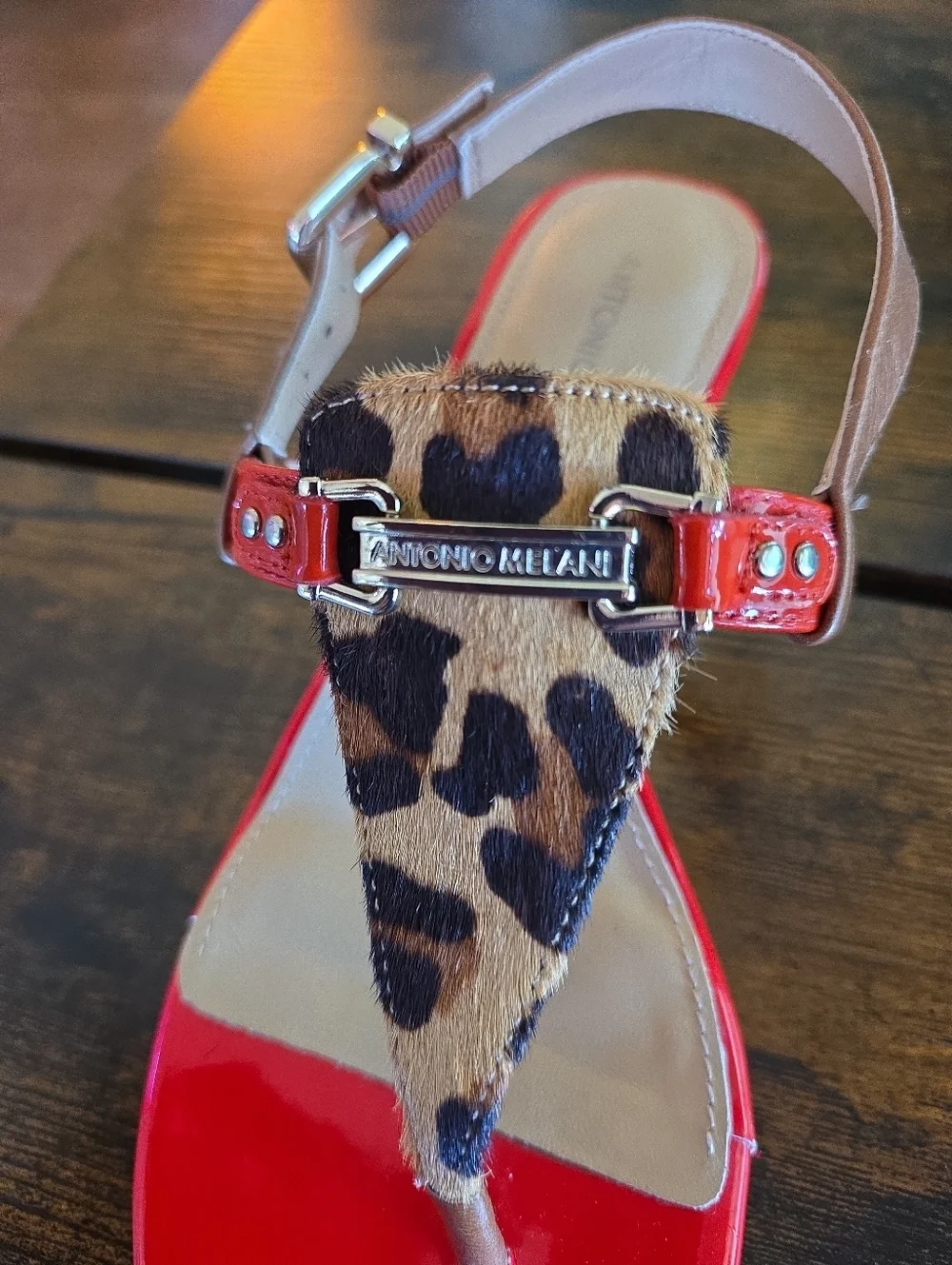 Antonio Melani Leopard Calf Hair Red Patent Sandals 6.5 Gold 1.5